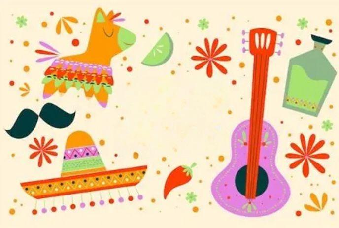 Bright festive icons like pinata guitar sombrero chili and lime arranged in colorful celebratory style.