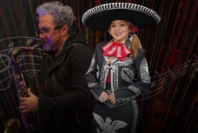 Sax player and mariachi musician stand together blending distinct styles against dark musical backdrop.