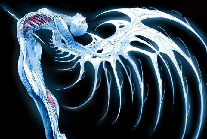 Glowing blue figure arches in midair with flowing winglike energy shapes against a dark backdrop