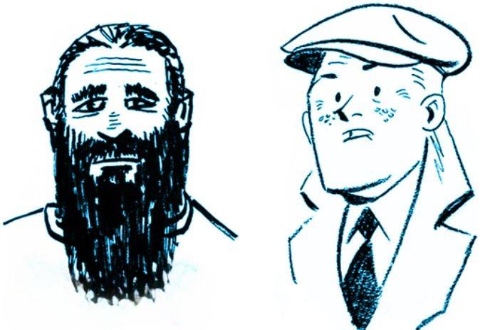 Two blue ink portrait illustration, one bearded and one neat in cap tie and coat.