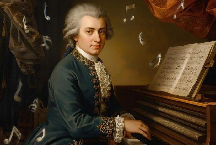 Classical musician at keyboard in ornate blue gold attire with open music sheets and soft notes.