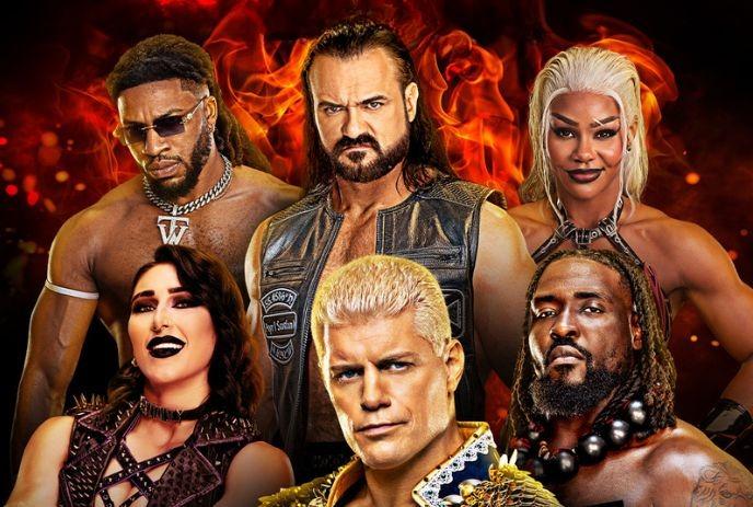 Six wrestlers pose in fiery backdrop in the wrestling outfits.