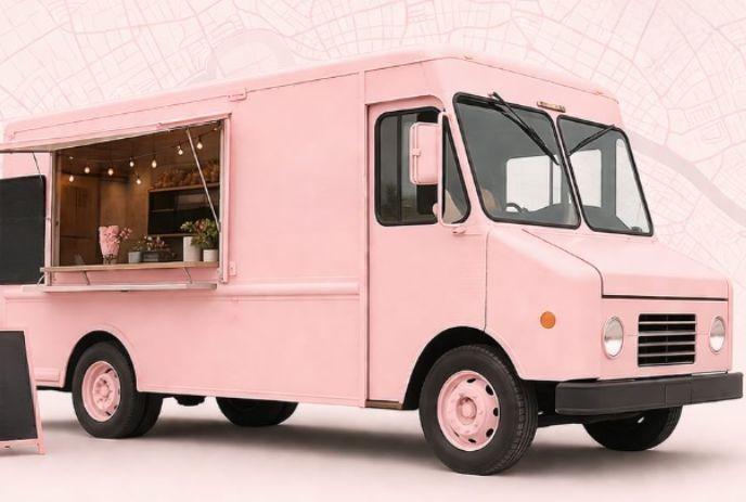Soft pink truck with open window and flowers arranged inside creating a calm charming pastel scene.