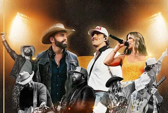 Country performers in hats and denim play guitars and sing on bright stages shown in a lively collage.