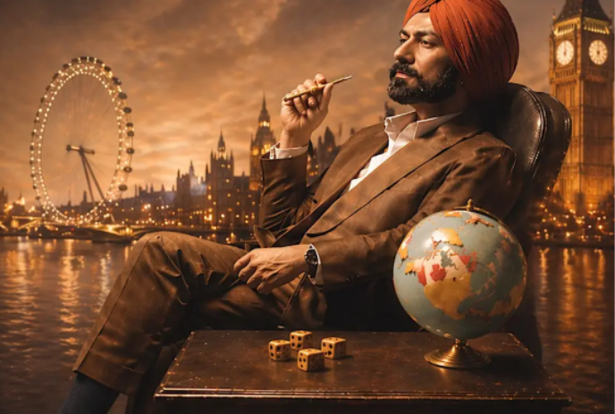 Tarsem Jassar sitting at a desk with a globe on it and Big Ben and the London Eye in the background.