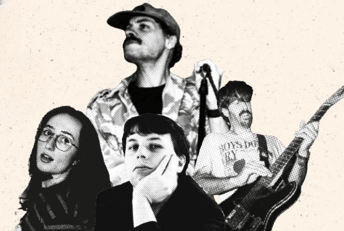 Four artists in halftone collage performing, playing guitar, and posing calmly against a soft beige backdrop.