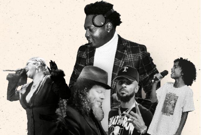 Five musicians in a textured beige collage singing, producing, and posing with expressive creative energy.