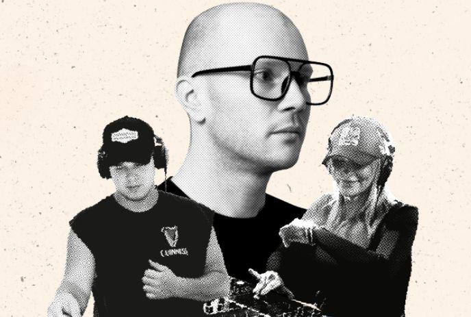 Artist in glasses by two DJs mixing on headphones in a textured cream background.
