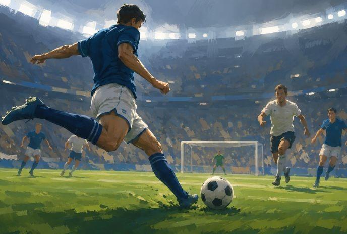 Player in blue kicks a soccer ball on grass as another player waits near the goal in the background.