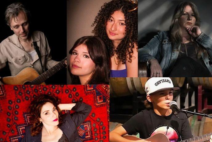 Six musician portraits showing guitarists, singers and relaxed poses arranged together in a collage.