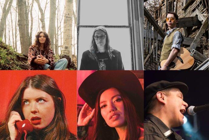 Six artists in varied scenes: forest pose, window silhouette, guitar player, red phone, black hat, stage singer.