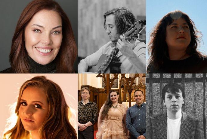 Six portraits in mixed settings: smiling face, indoor guitar, sunlit gaze, warm backlight, trio in church, checkered jacket.