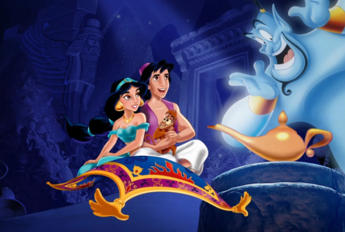Aladdin and Jasmine ride on the magic carpet in a cave while the big, blue Genie looks on.
