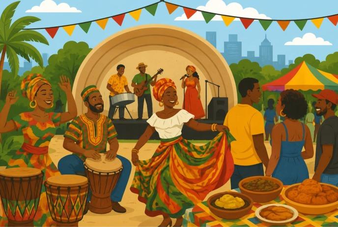 Vibrant outdoor festival with drummers, dancer, food table, band on stage and colorful flags above.