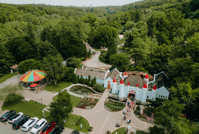 Bird's eye view of the Storybook Gardens castle and the carousel.