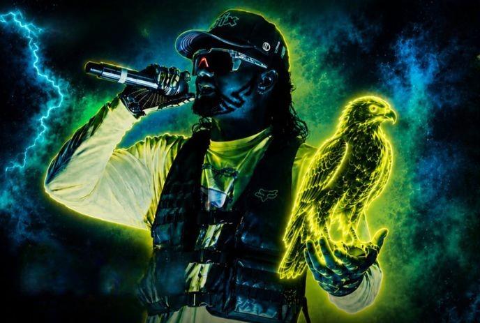 Neon outlined singer holding glowing bird amid cosmic storm backdrop with vivid green and yellow light.