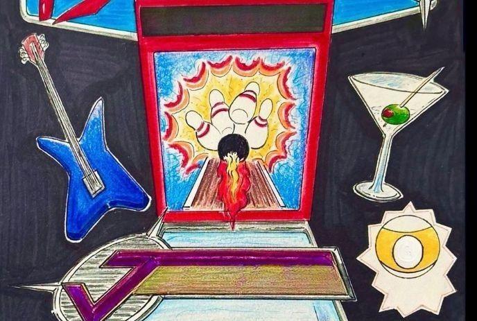 Colorful stylized scene with bowling strike guitar martini glass and nine ball arranged against dark backdrop.
