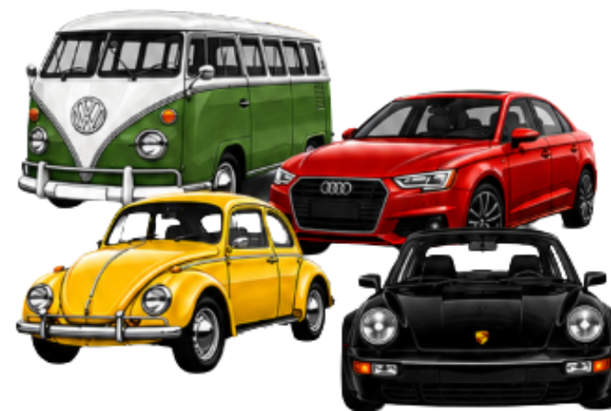 Green & white Volkswagen van, yellow Volkswagen bug, red Audi and black Porsche.