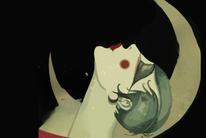 A person looking up into the night while a sliver of the moon rises in the background.