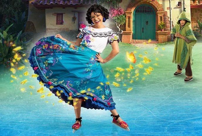 Women in a colorful dress twirl on an ice rink before a flower-filled courtyard scene.