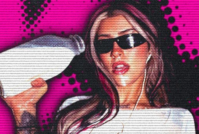 Retro pop art portrait of a woman in sunglasses and earbuds against a neon pink VHS-glitch background.