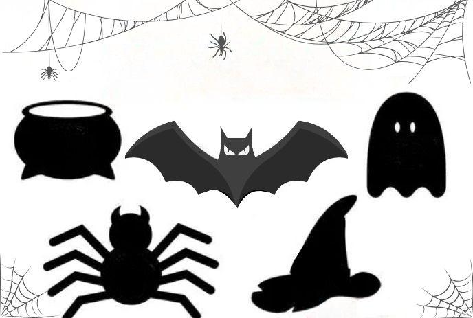 Black silhouettes of bat, ghost, cauldron, spider, hat with hanging webs creating a spooky Halloween scene.