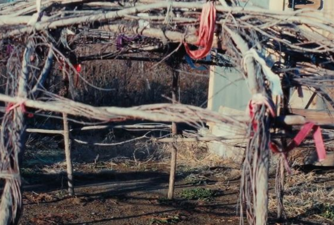 A make-shift hut built from sticks and fabric with grass on the bottom.