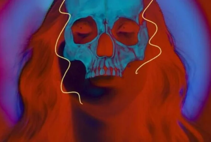 A turquoise skull super-imposed over a negative style image of a person in orange and purple.