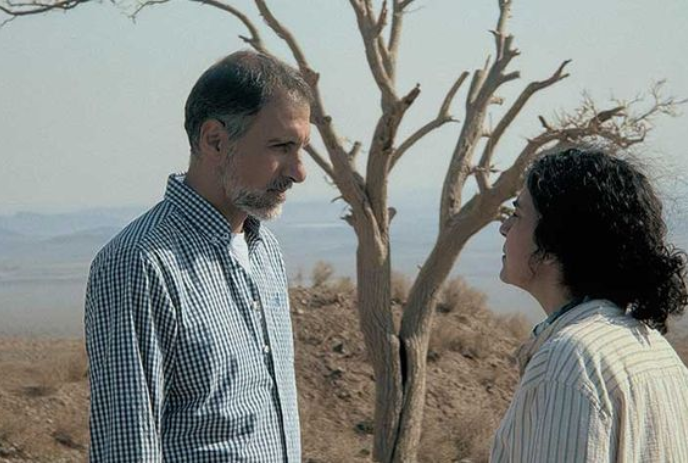Two people face each other while standing on a hill with a dead tree in the background.