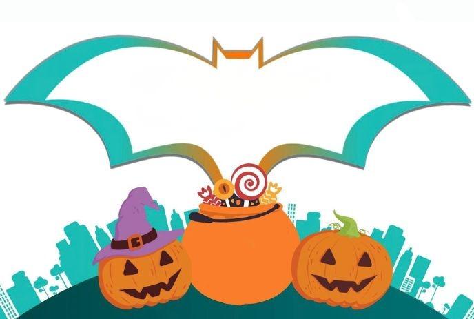 Pumpkins, bat emblem, candy cauldron, and city backdrop forming a playful Halloween scene.