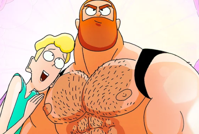Animated image of a large muscular person with a skinny person beside them.