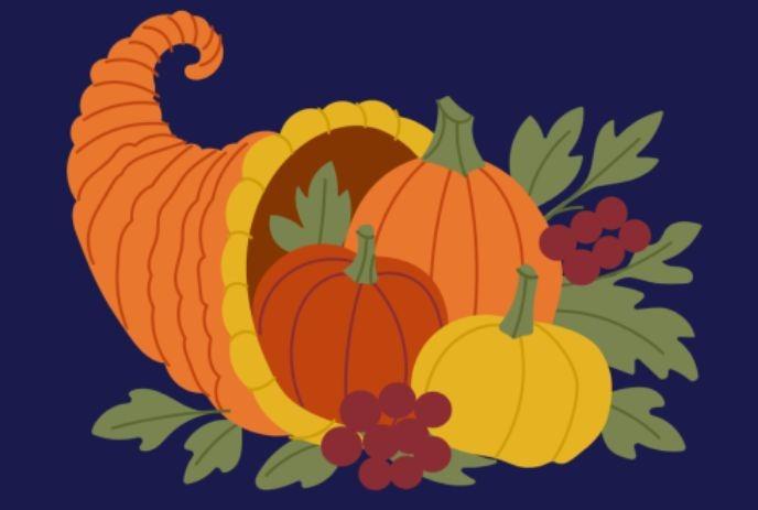 Orange cornucopia overflowing with pumpkins, leaves, and berries on dark blue background symbolizing harvest.