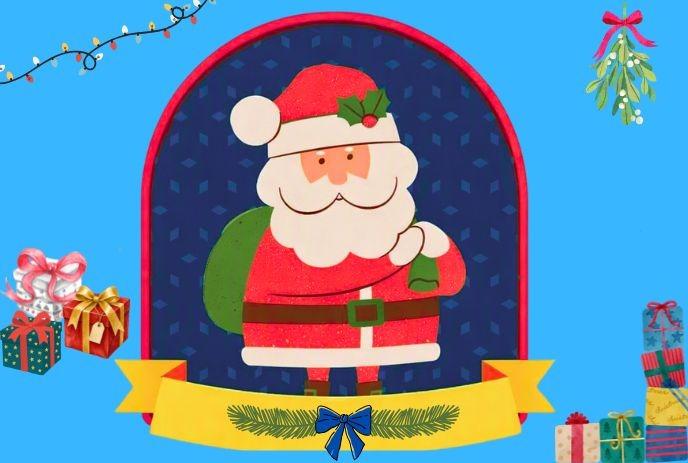 Santa holding green sack amid gifts, lights, mistletoe and festive banner on blue holiday backdrop.