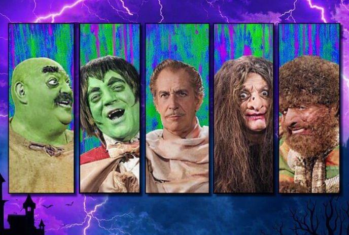 Five colorful Frightenstein characters stand in panels with lightning and castle silhouettes behind them.