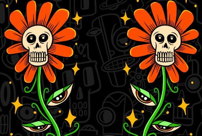 Two orange?petaled flowers with skull centers and eye?leaf stems glowing against a dark abstract backdrop.