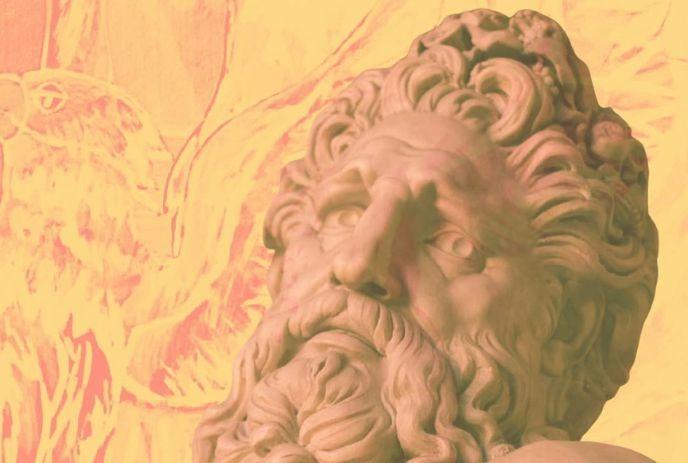 Marble bearded sculpture set against warm abstract backdrop with faint shapes adding depth and contrast.