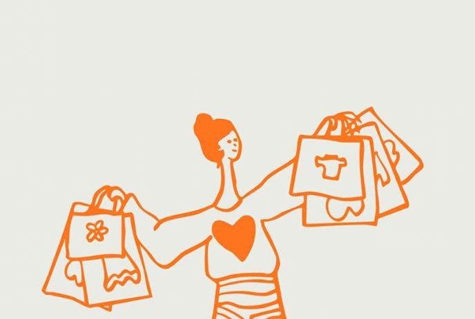 Person holding multiple shopping bags in a simple orange line-art illustration.
