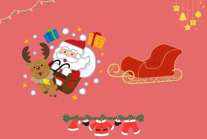 A Christmas theme with cartoon Santa Claus riding in a small red sled and festive decor under red background.