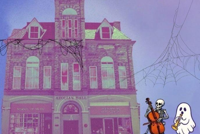 Aeolian Hall with spider webs, a skeleton cellist, and a ghost playing a trumpet.