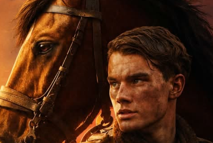 A young man looking pensive, stands in front of a horse.