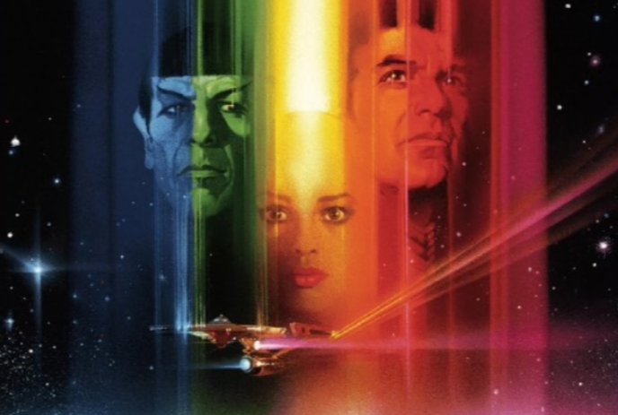 A starship in space beams the images of three people onboard in bright colours of the rainbow.