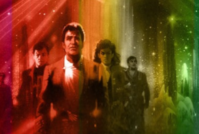 Four team members looking forward in a different galaxy with a multi-coloured background.