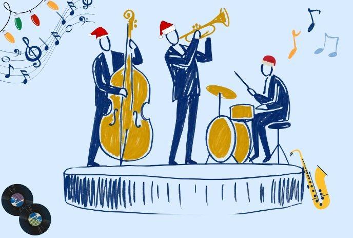 Jazz trio performs on stage with bass, trumpet, and drums, surrounded by musical notes and records.