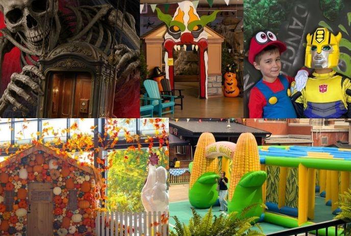 Fall festival collage featuring spooky displays, costumed characters, pumpkin décor, and inflatables.