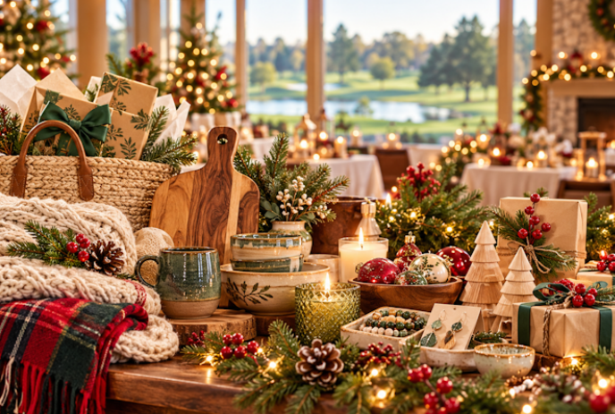 Warm inviting area with holiday decorations and soft glowing candles, overlooking the golf course window.