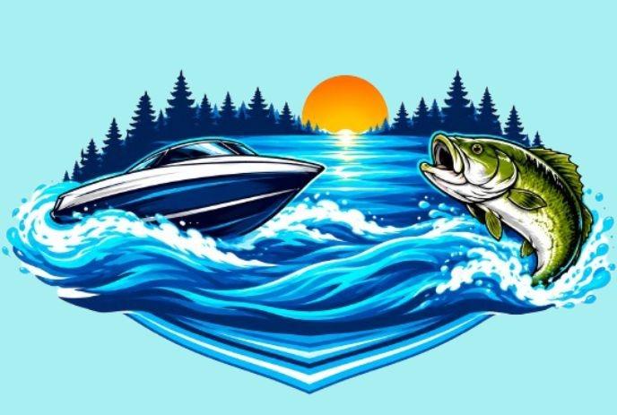 Speedboat and jumping bass on blue waves at sunset, framed by pine trees against a bright sky.