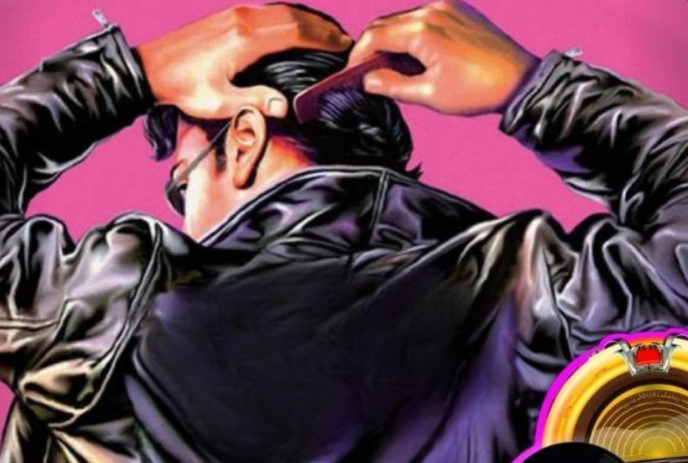 A pop art greaser in a leather jacket, combing slicked hair against a pink background with a jukebox.