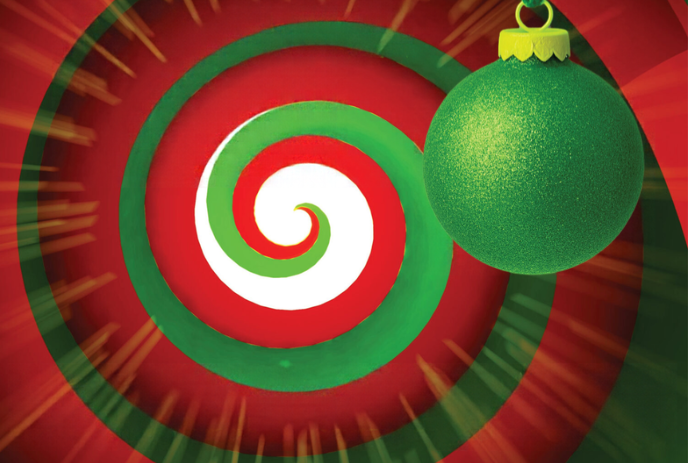 Red, white and green swirl with a green ornament in the right corner.