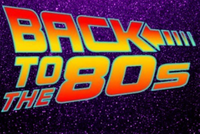 Yellow and orange Back to the 80s band logo in front of a purple background.