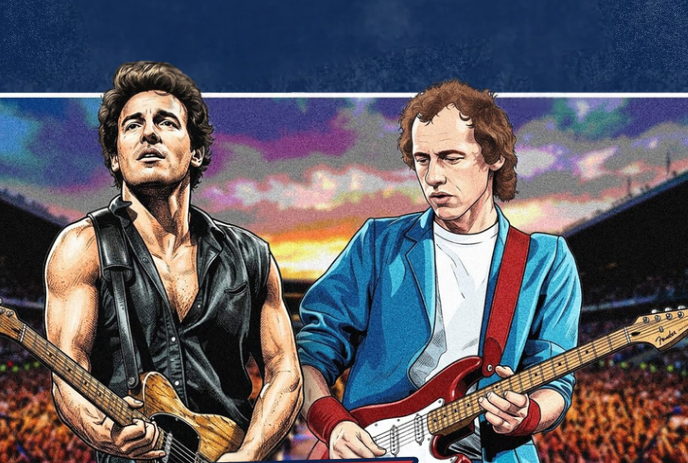 Cartoon image of two people playing guitar in front of a large group of people.